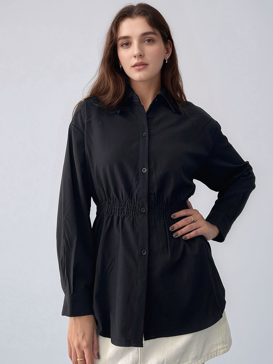 Outzidr Oversized Spread Collar Smocking Shirt