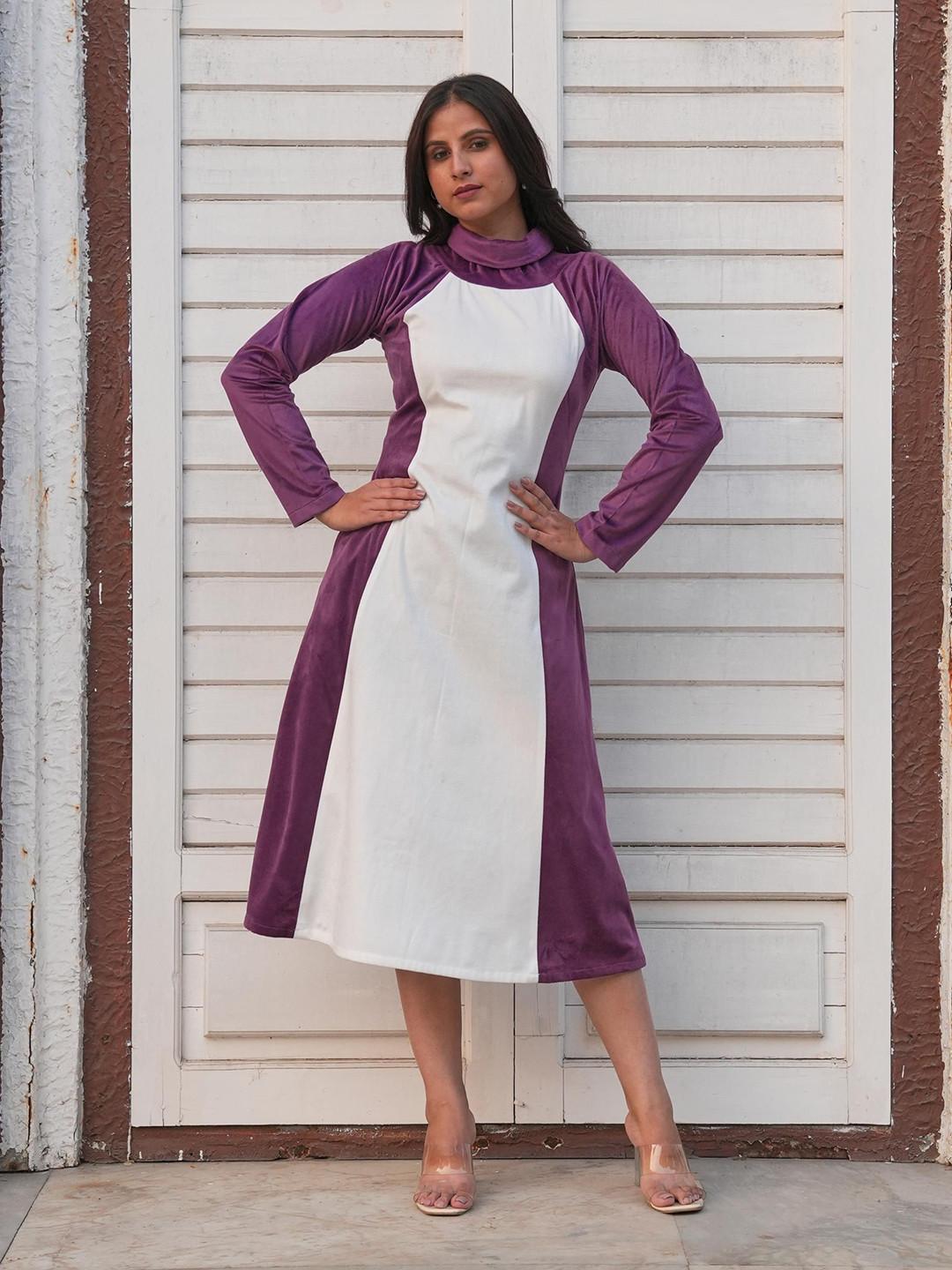 Golden Mirror Women Colourblocked Mock Neck Suede A-Line Midi Dress