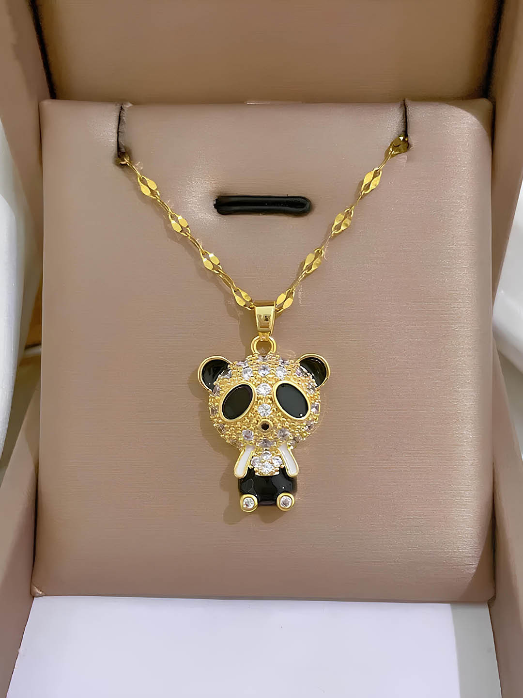 KARISHMA KREATIONS Gold-Plated Stainless Steel Zircon Studded Panda Pendant with Chain