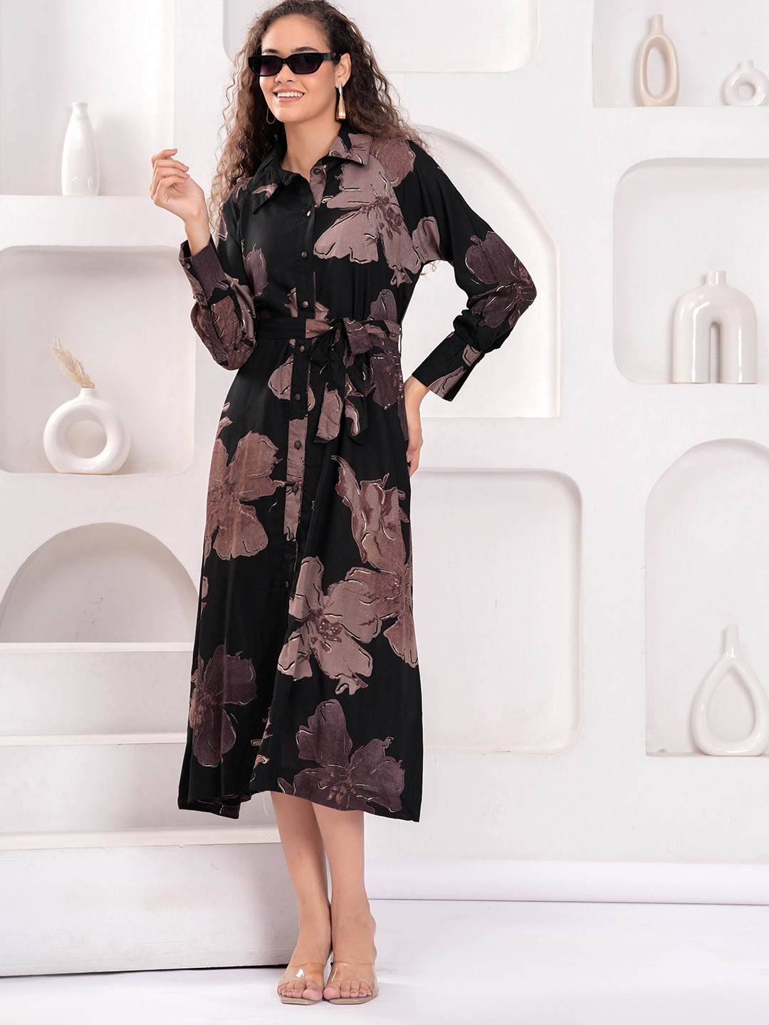 HIGHLIGHT FASHION EXPORT Floral Printed Tie-Ups Detail Shirt Midi Dress