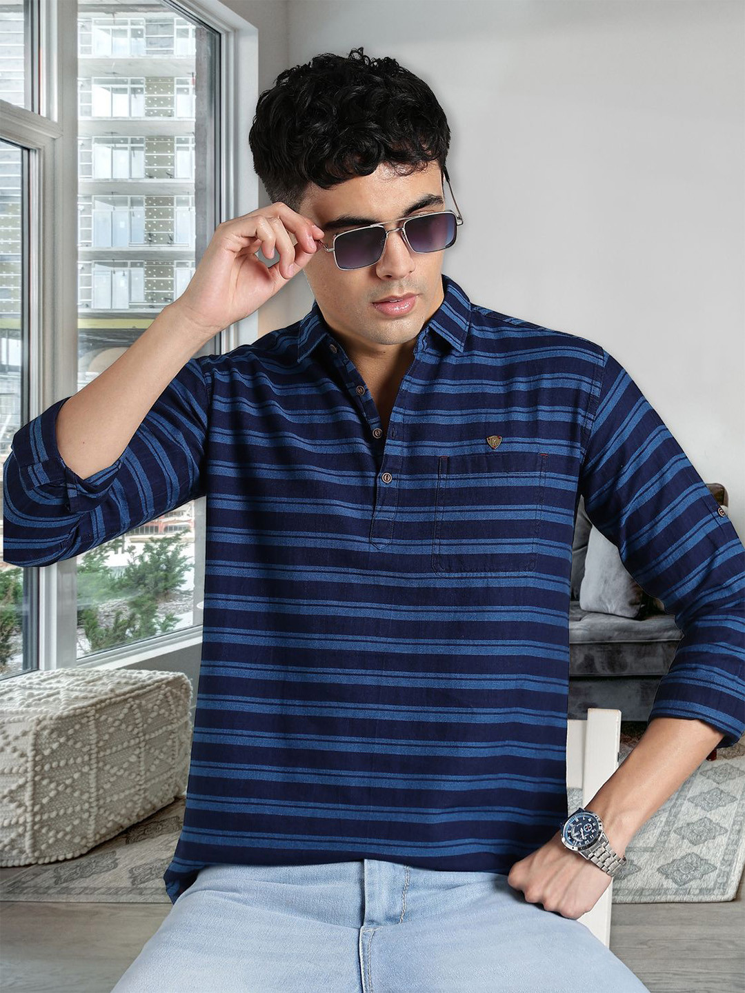 Kuons Avenue Men Striped Shirt collar Deim Straight Kurta