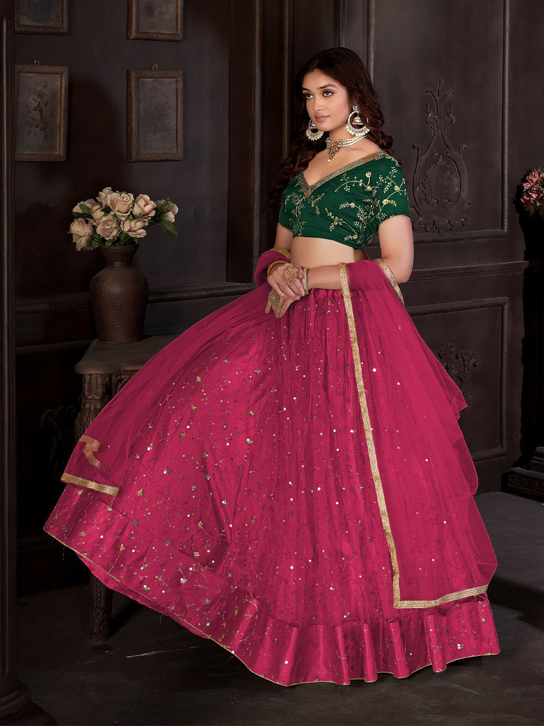 Warthy Ent Embroidered Sequinned Net Semi-Stitched Lehenga & Unstitched Blouse & Dupatta
