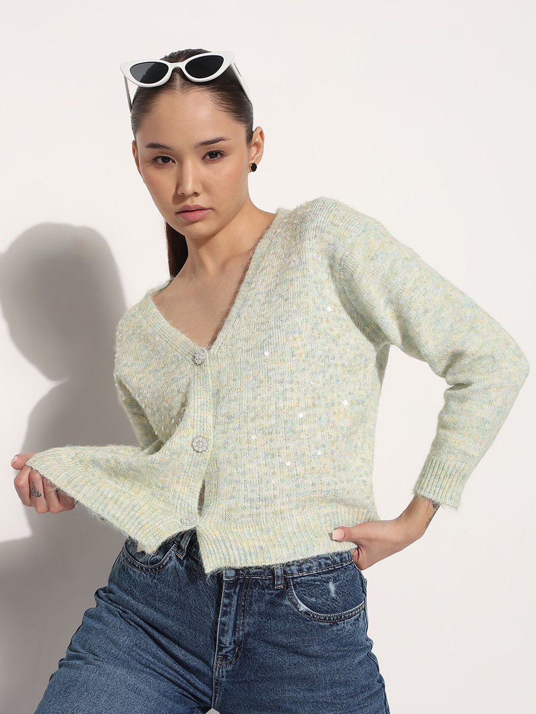 SHOWOFF Women Cable Knit Cardigan with Embellished Detail