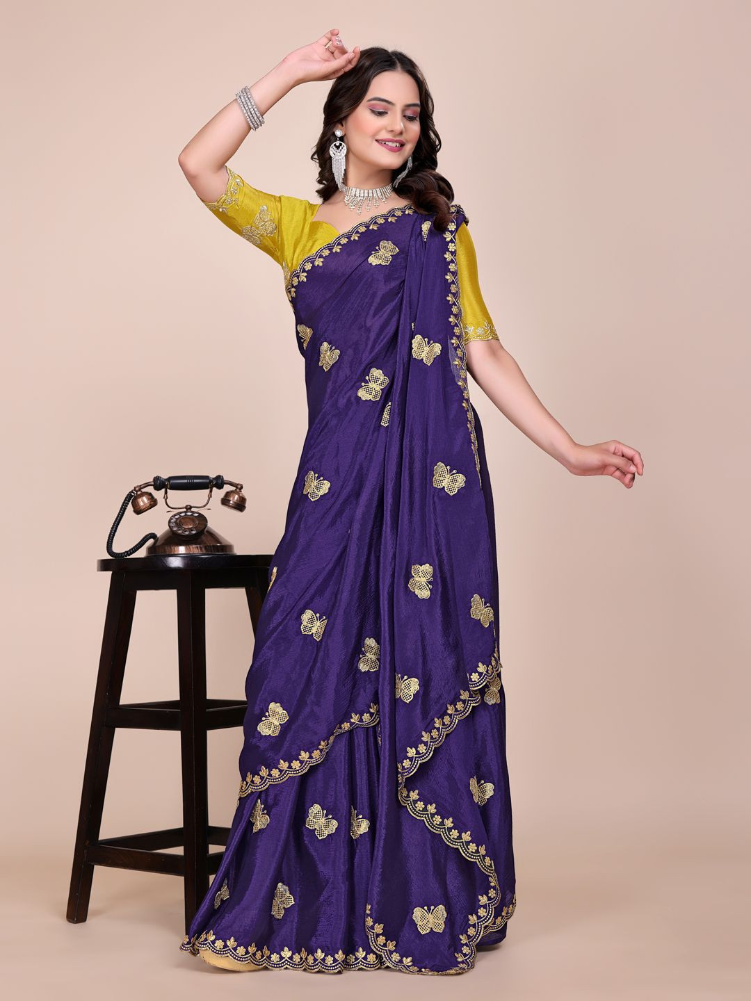 yourwish Butterfly Embroidered Pure Chiffon Saree