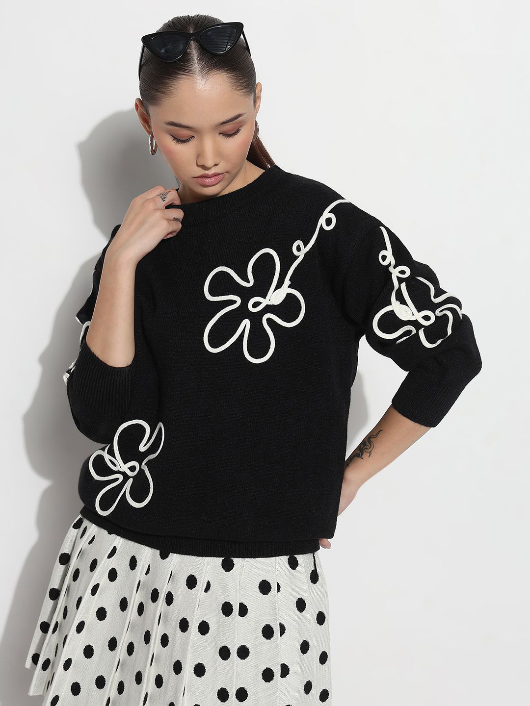 SHOWOFF Women Floral Ribbed Long Sleeve Round Neck Knitted Top
