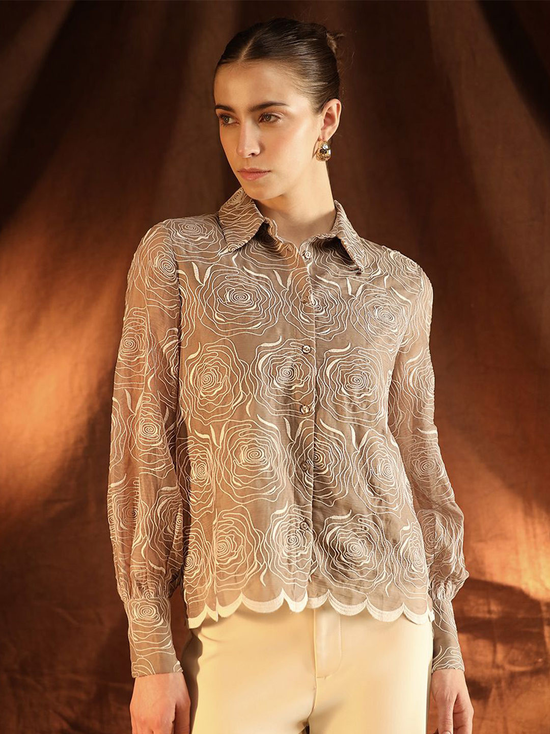 Kazo Gwyneth Floral Embroidered Spread Collar Semi Sheer Shirt