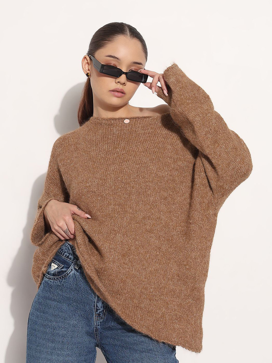 SHOWOFF Women Self Design Long Sleeve Boat Neck Knitted Top