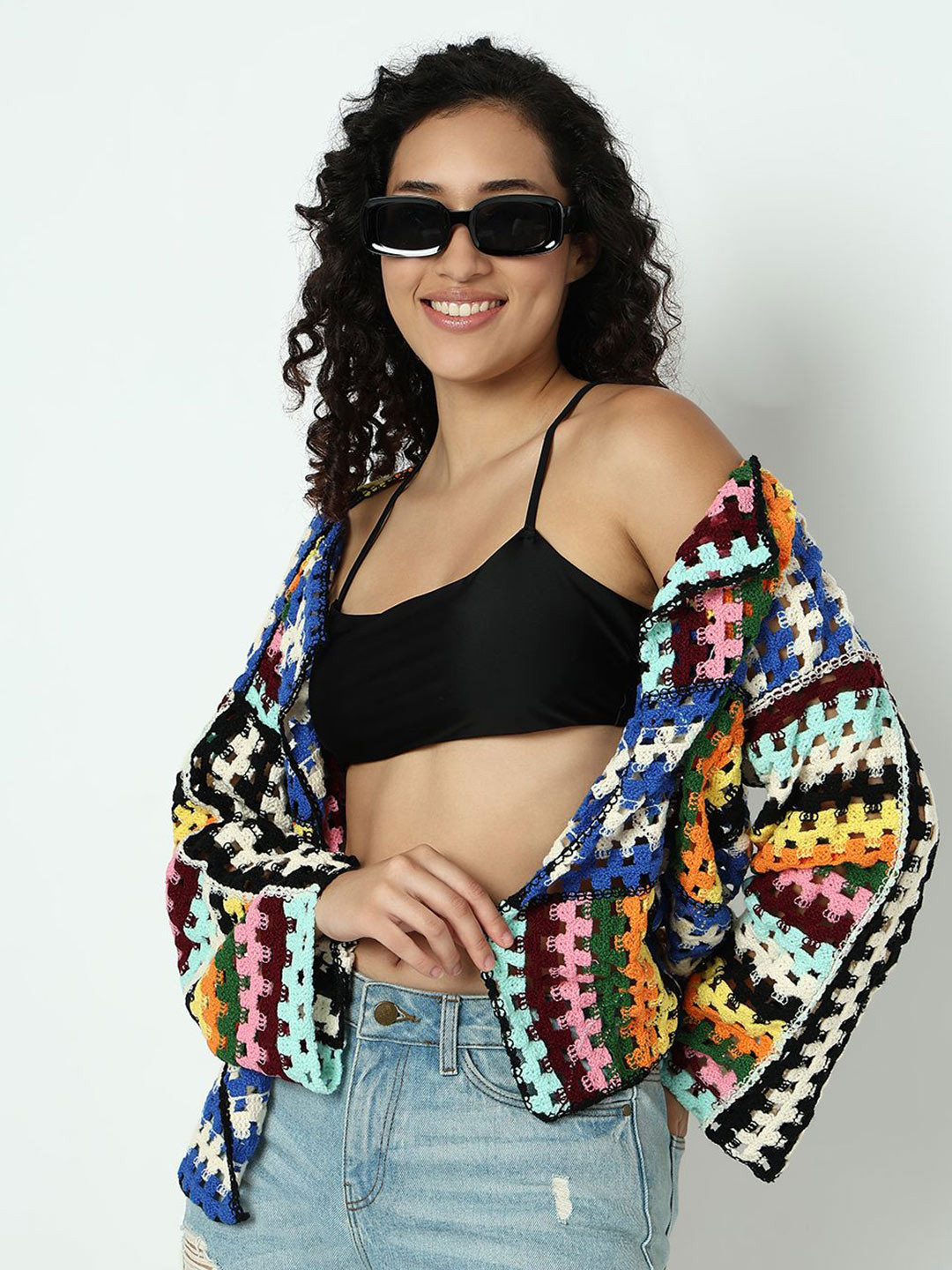 SHOWOFF Cotton Self Design Open Front Regular Crochet Shrug