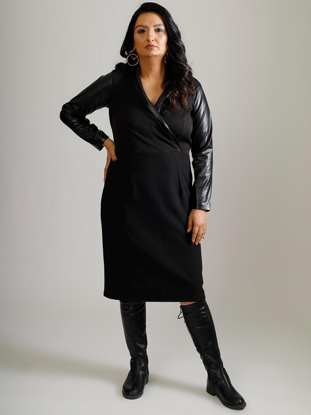 Golden Mirror Women Leather Crepe Wrap Midi Dress