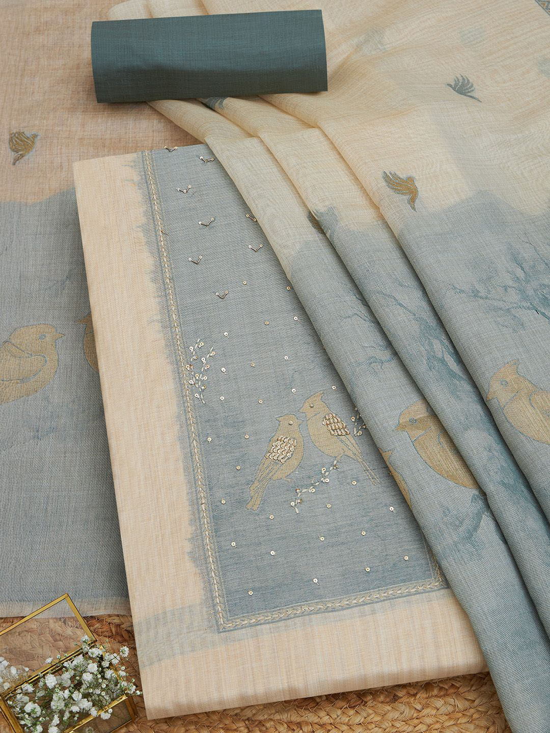 Soch Botanical Bird Motifs Printed Sequinned Unstitched Dress Material