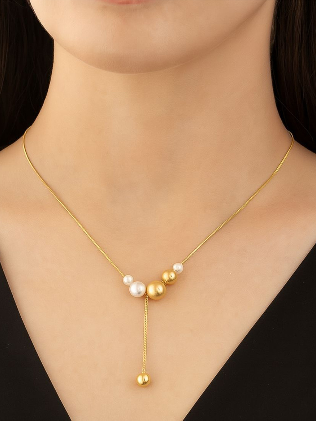 Maasha Stainless Steel Pearls Beaded Drop Chain Minimal Necklace