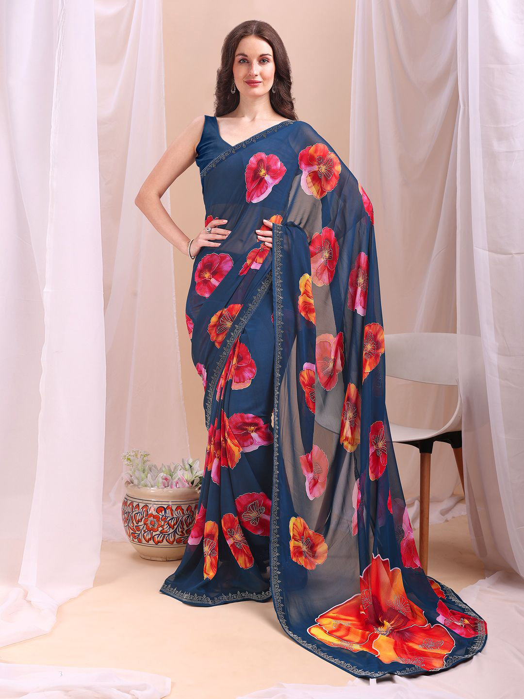 Leelavati Floral Printed Beads and Stones Border Pure Chiffon Saree with Blouse Piece