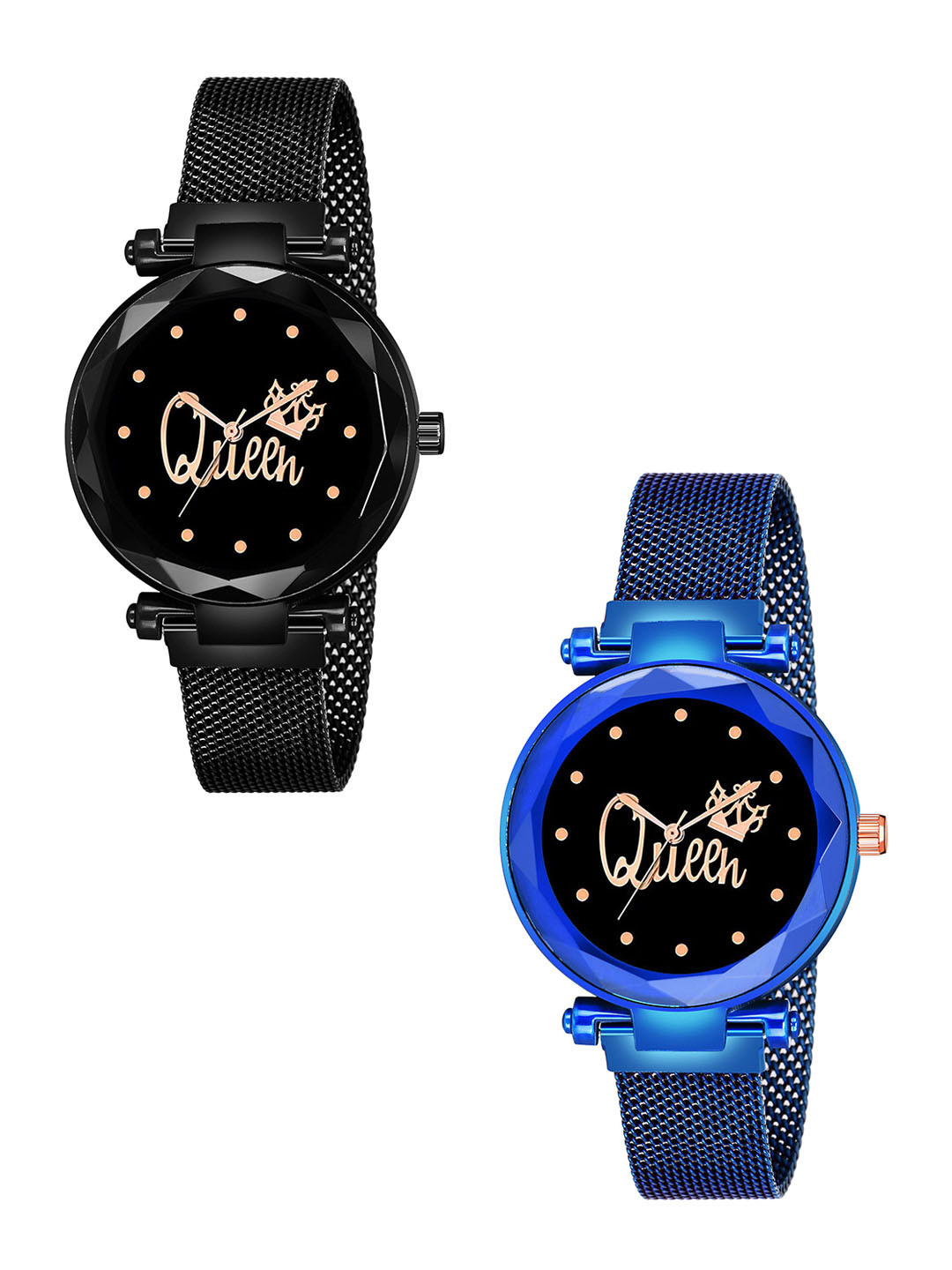 CSAMON Women Pack of 2 Round Dial Analogue Watches Queen black Blue maganet