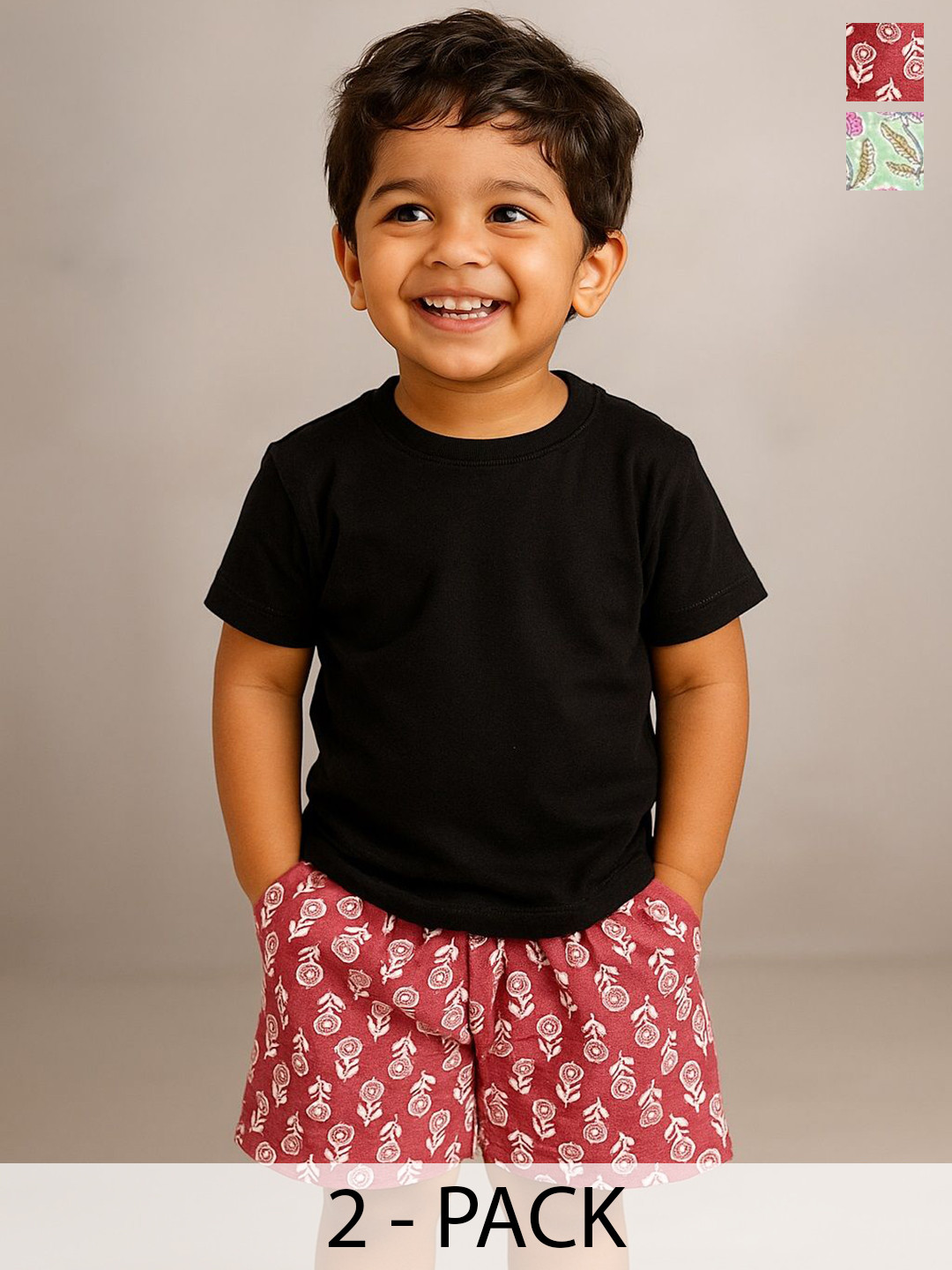 Pum Pum Boys Pack of 2 Floral Printed Mid-Rise Below Knee Cotton Regular Shorts