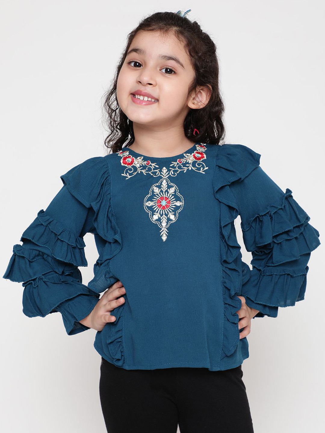 Miss & Chief Girls Embroidered Bell Sleeves Top With Ruffles Detailed