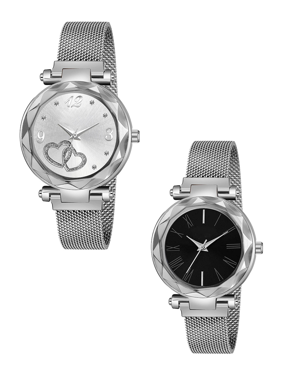 CSAMON Women Set of 2 Bracelet Style Analogue Watches GR_103_Black_Roman_Silver Maganet