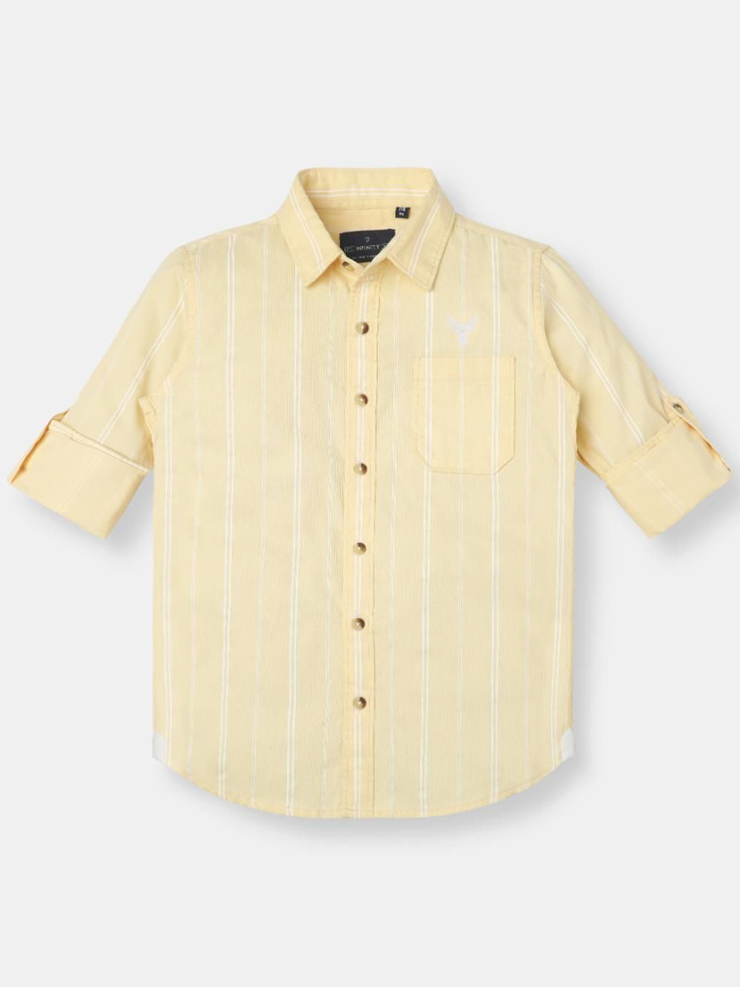 Infinity Boys Vertical Striped Spread Collar Roll-Up Sleeves Pure Cotton Shirt