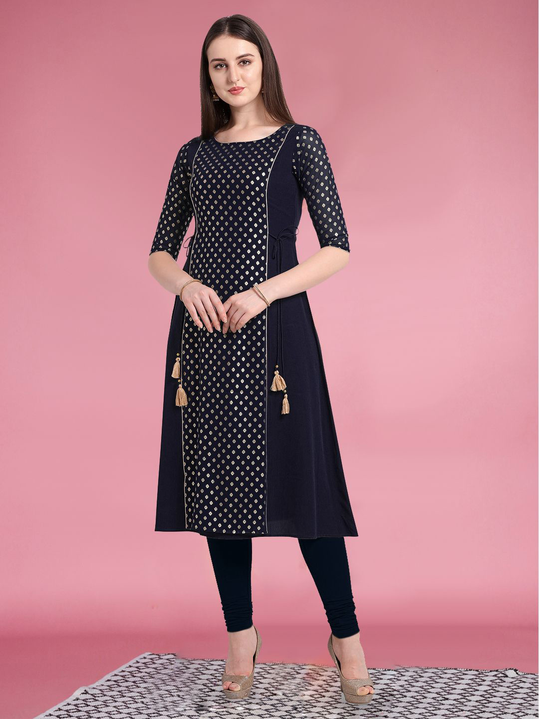 THE FAB FACTORY Geometric Printed Thread Work Round Neck A-line Kurta