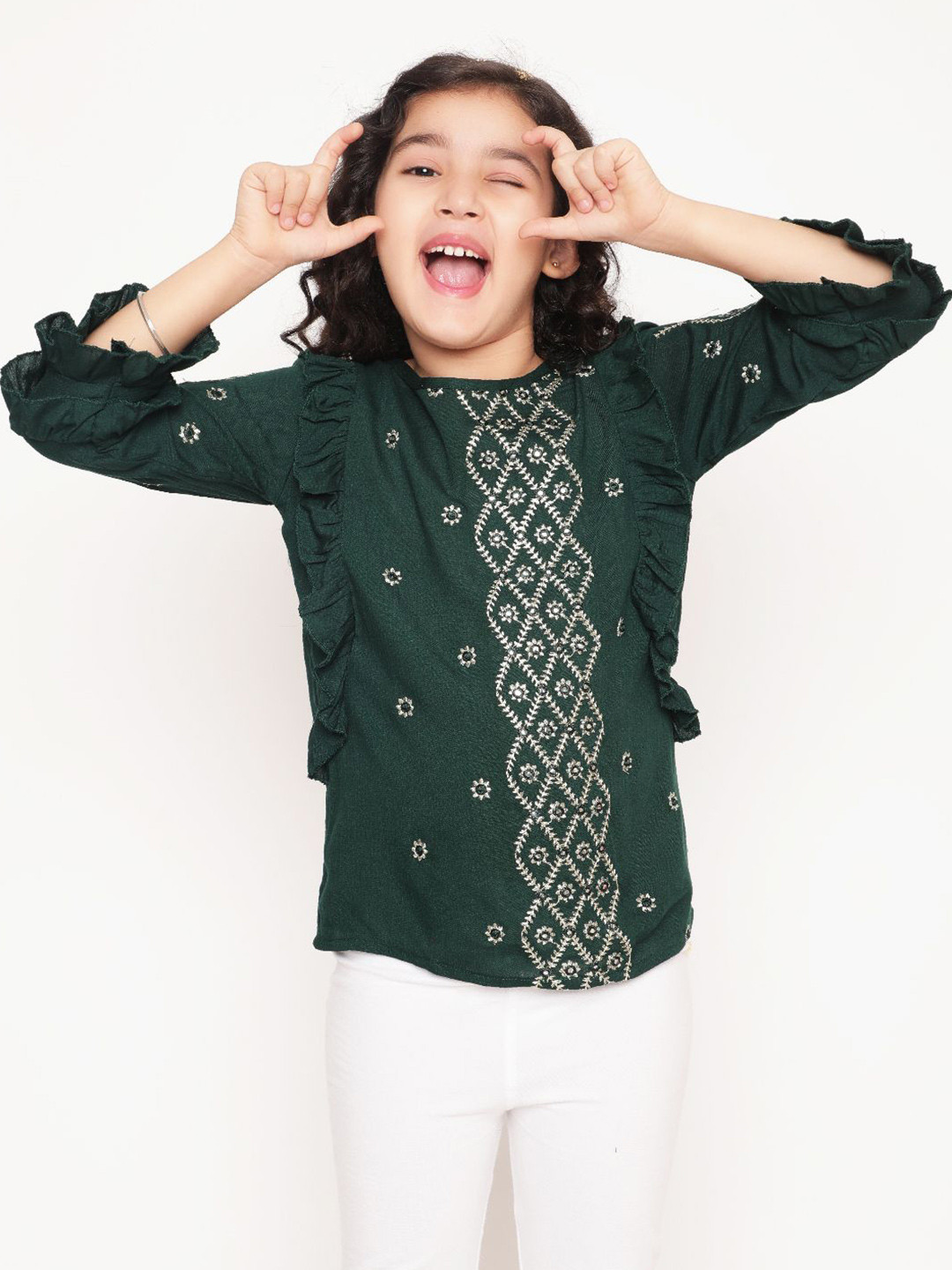 Miss & Chief Girls Embroidered Top with Ruffle Detailing