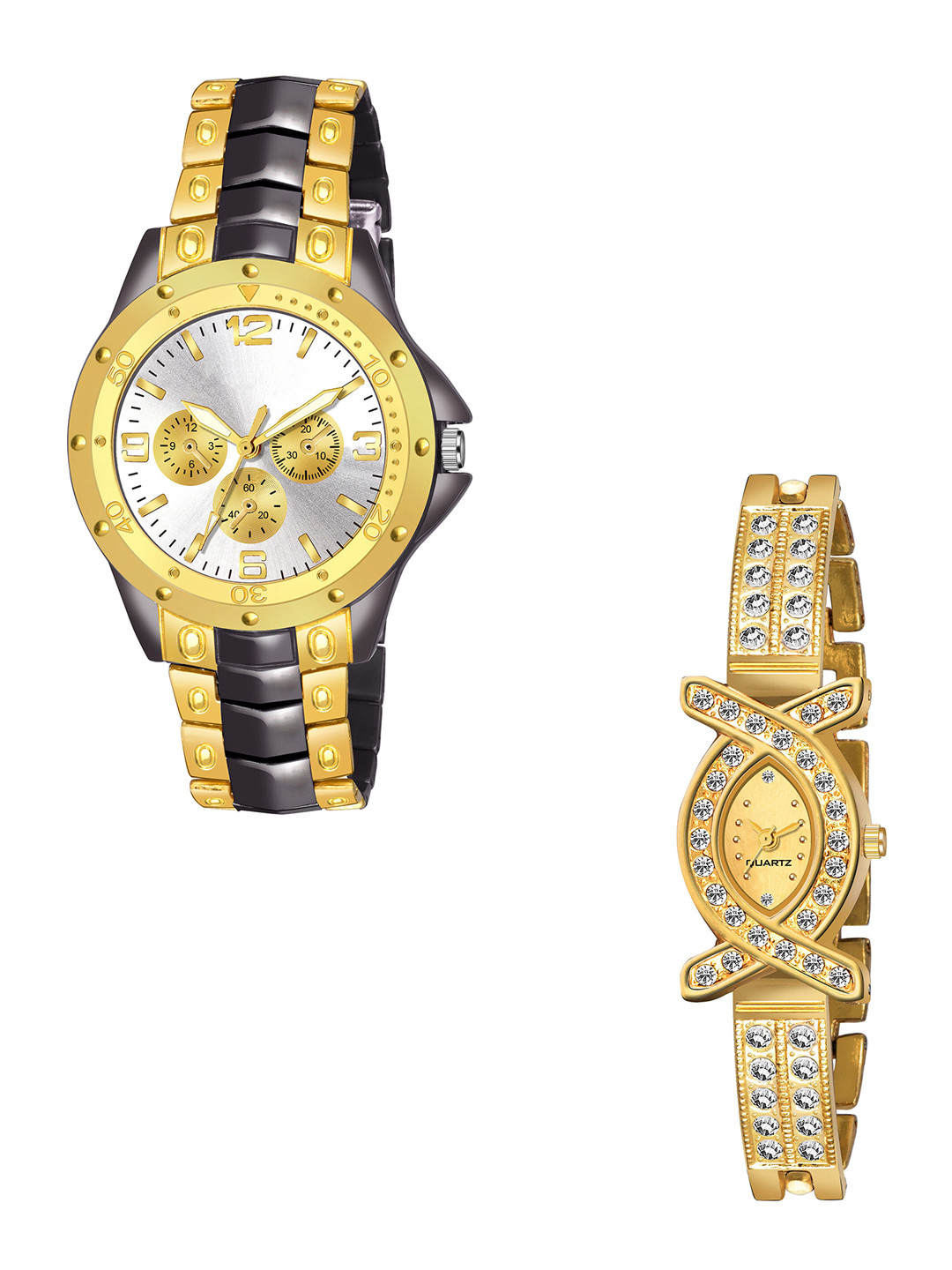 Gopal Shopcart Unisex Pack Of 2 Analogue Watch rosra_black_Gold_whiteDial_AKS1