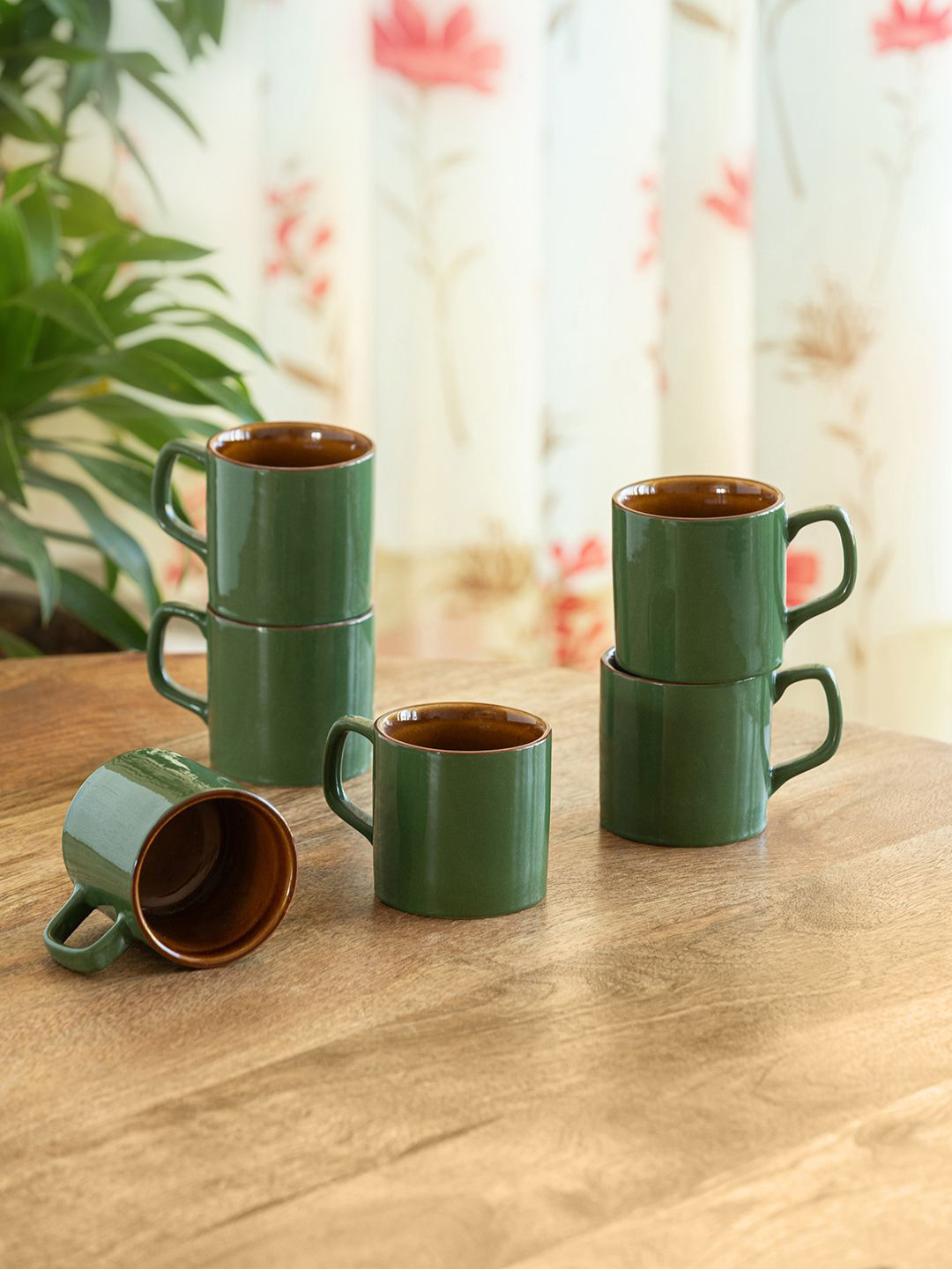 ExclusiveLane Forest Canopy Green & Brown 6 Pieces Ceramic Cups 160ml