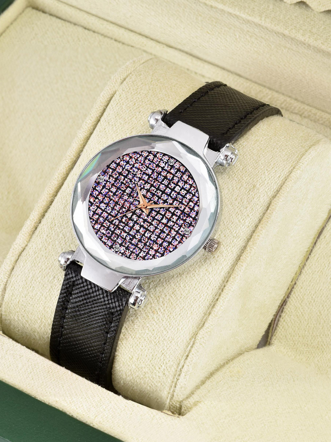 CSAMON Women Embellished Dial Analogue Watch Full Daimouns Black Leather
