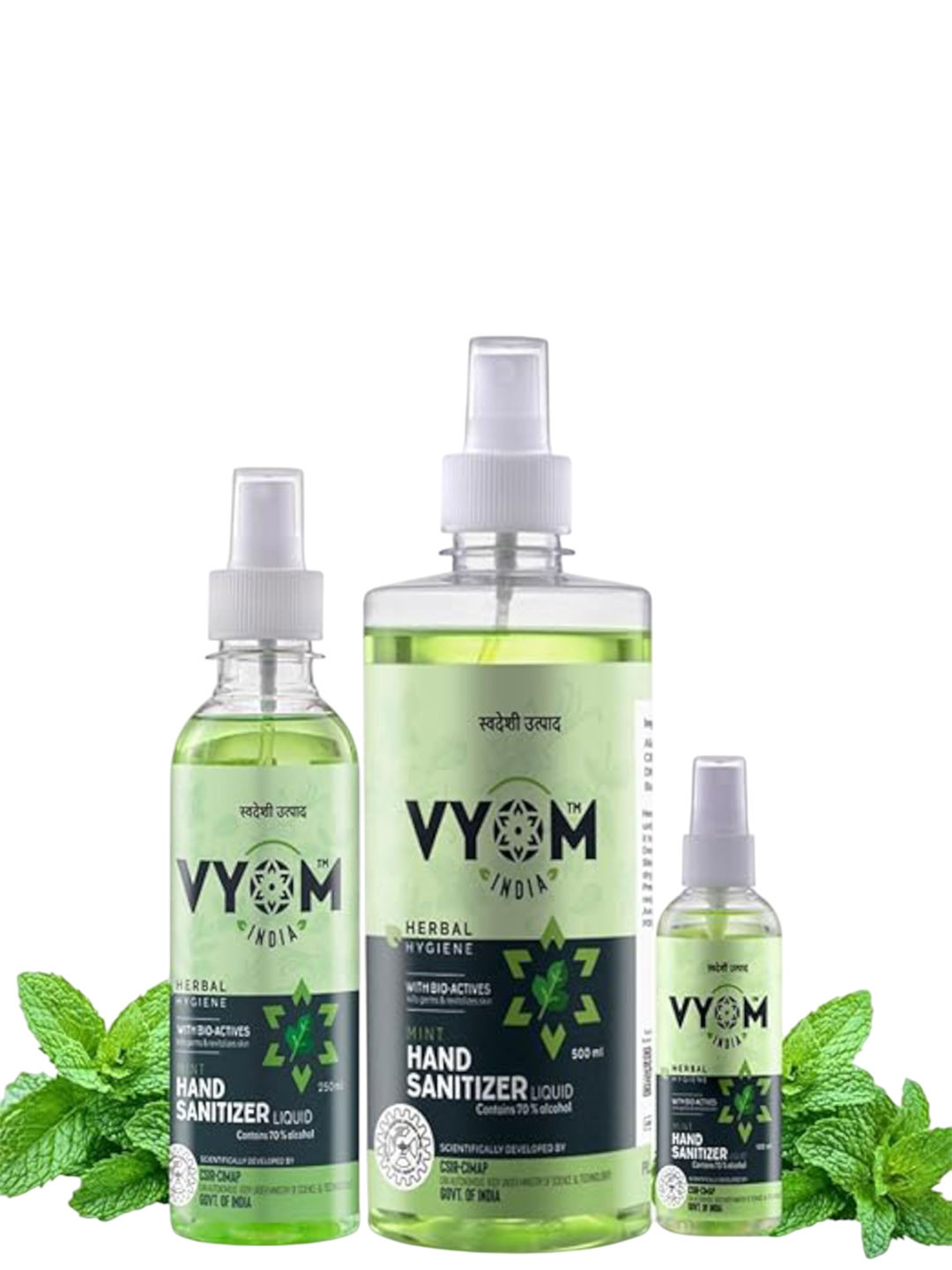 VYOM INDIA ORGANICS Set Of 3 Mint Hand Sanitizer Spray - 500 ml - 250 ml & 100 ml