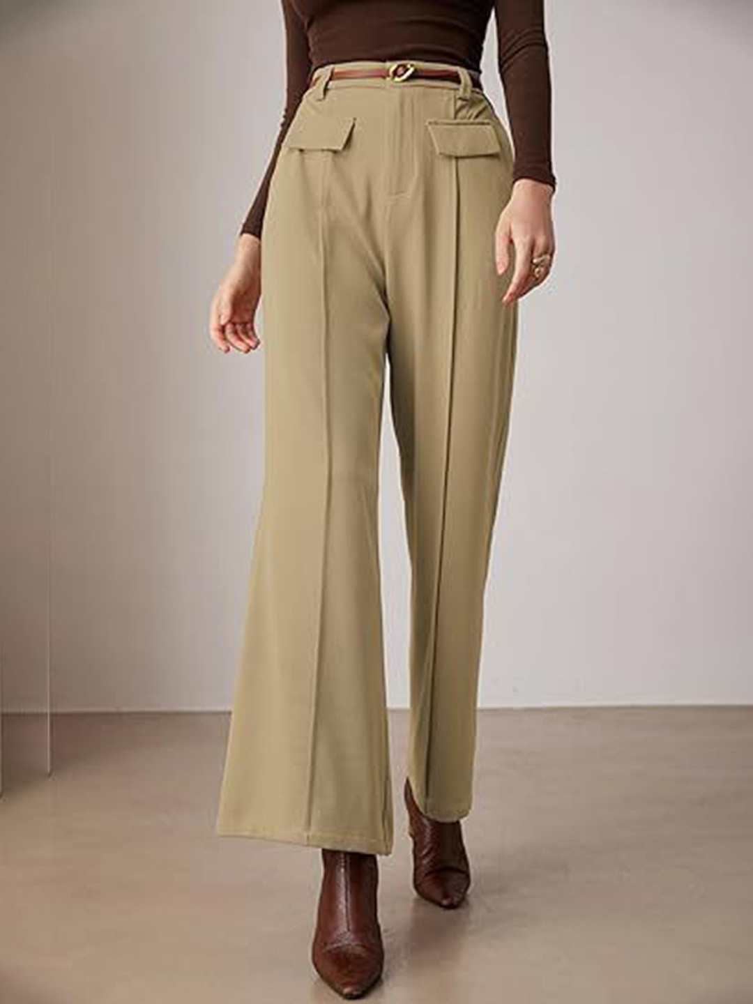 Outzidr Women Khaki Relaxed Fit Bootcut Trousers