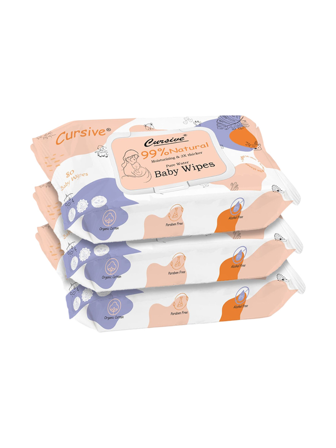 CURSIVE Set Of 3 Soft Cleansing Baby Wipes With Aloe Vera & Coconut Oil - 80 Wipes Each