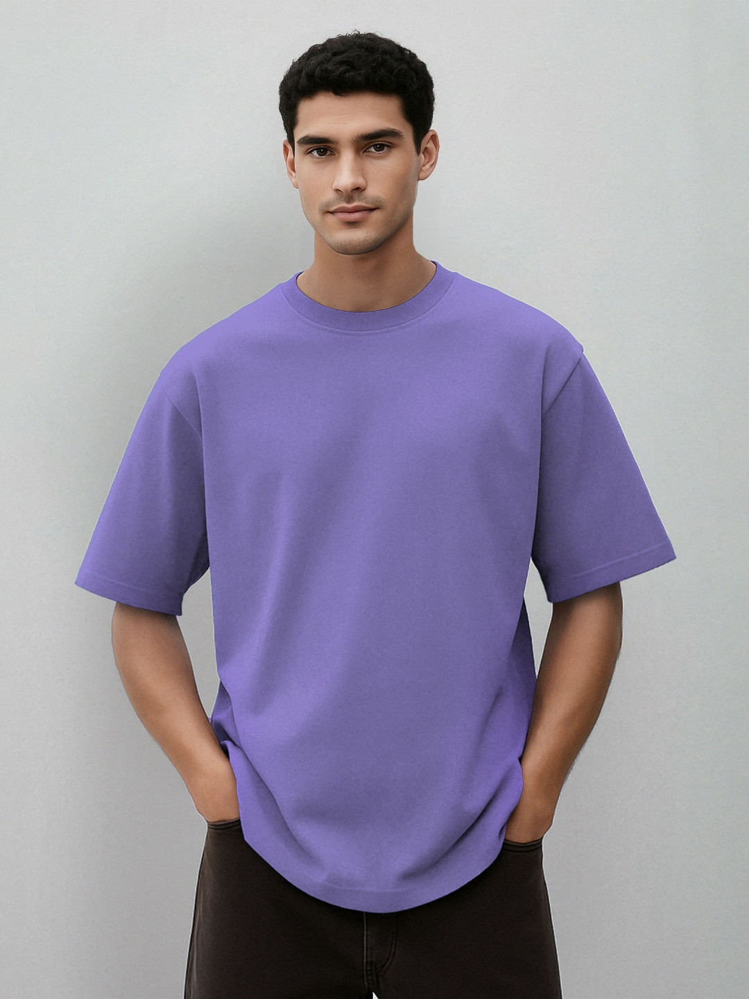 WHITE HUSK Solid Oversized Cotton T-shirt