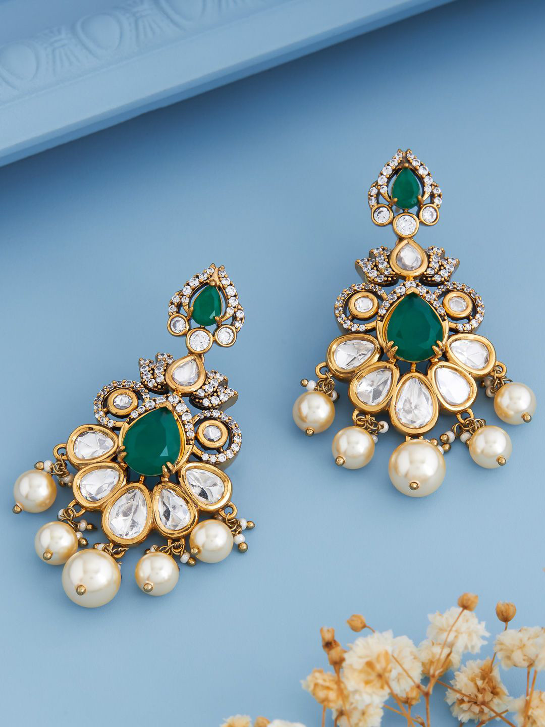 Kushal's Fashion Jewellery Women Green Victorian-Plated Ethnic Kundan Drop Earrings