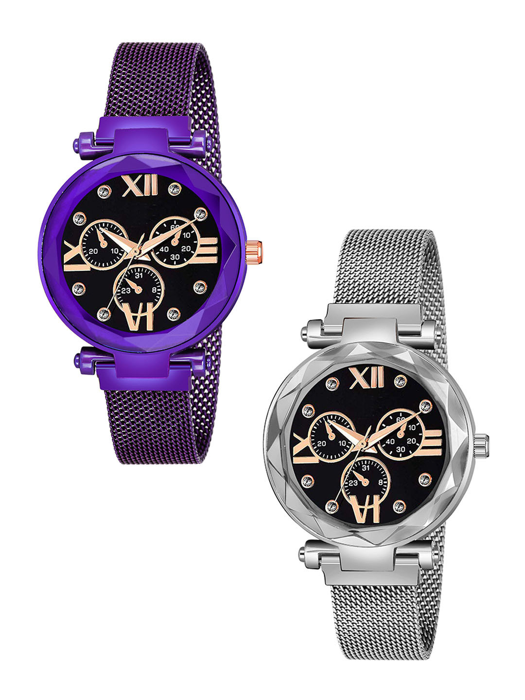 CSAMON Women Pack Of 2 Analogue Watch Mina black Dial Purple Silver maganet
