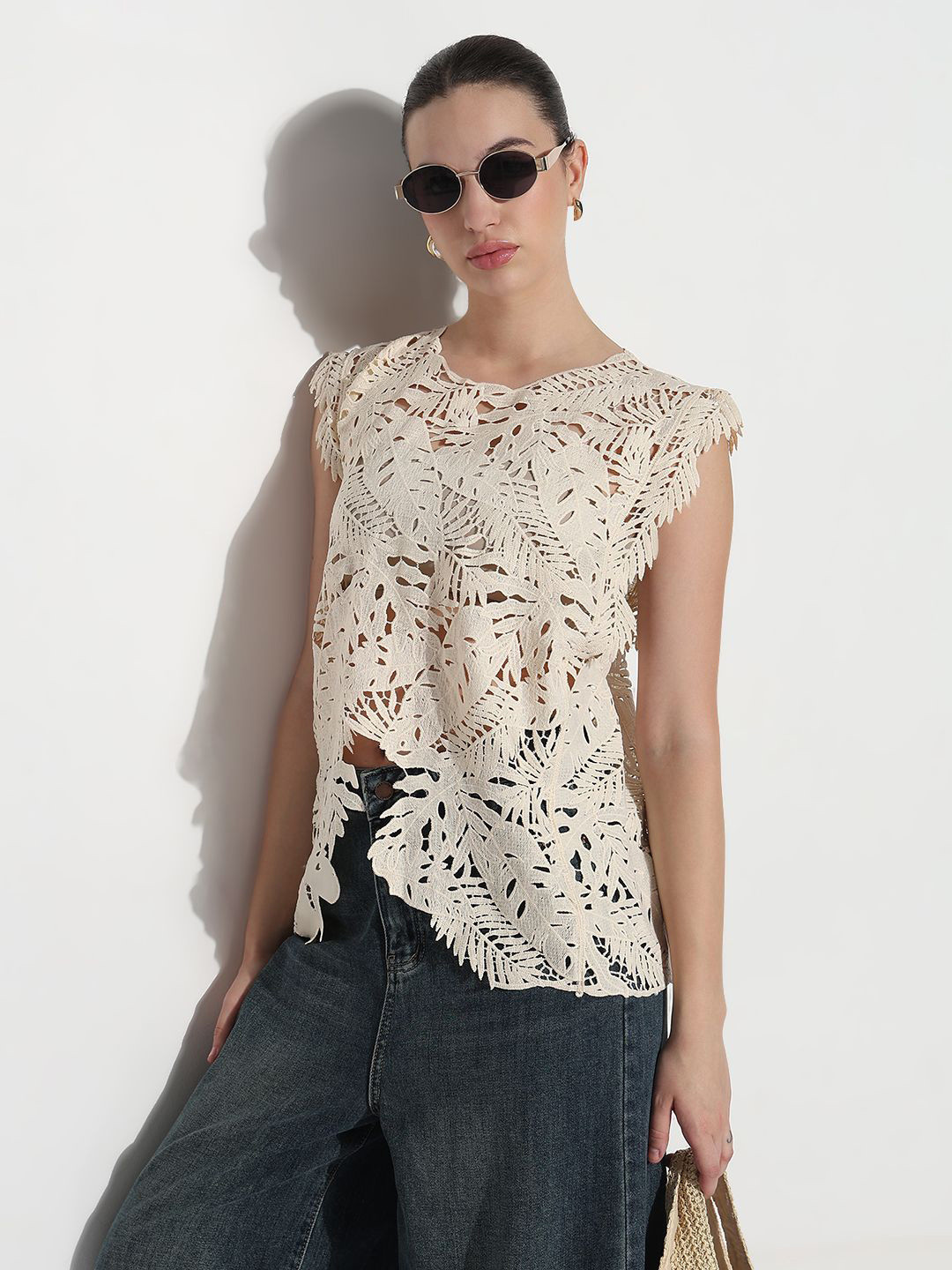 SHOWOFF Women Self Design Cut Out Sleeveless High-Low Regular Top