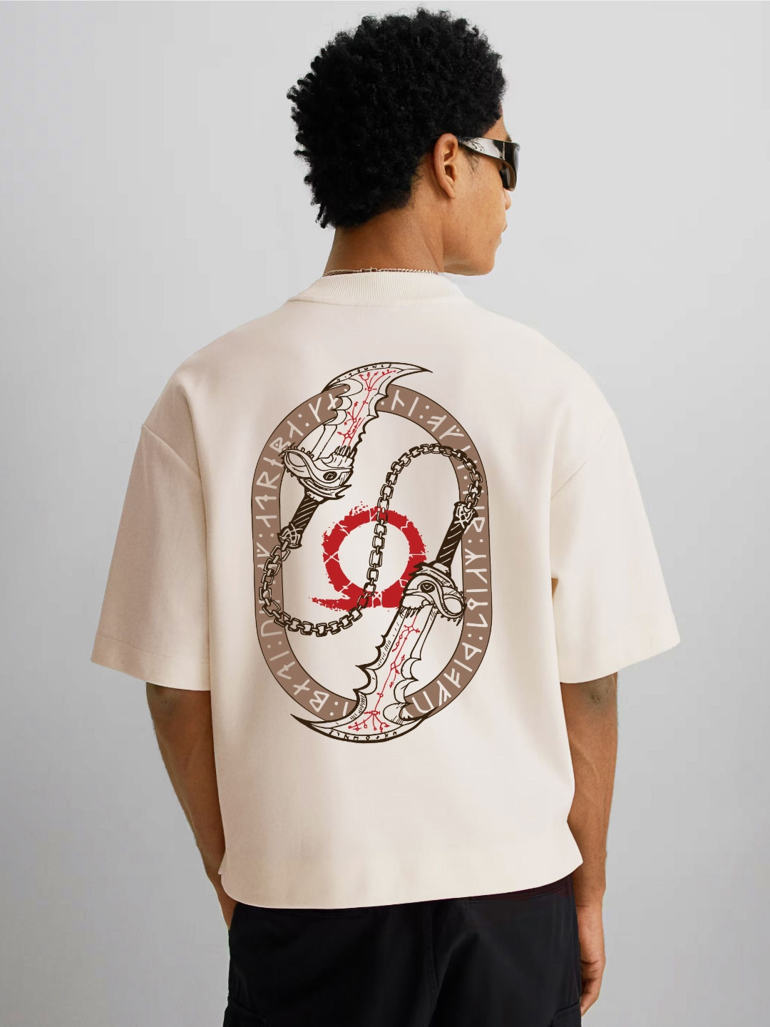 WHITE HUSK Blade of Chaos God of War Printed Oversized Cotton T-shirt