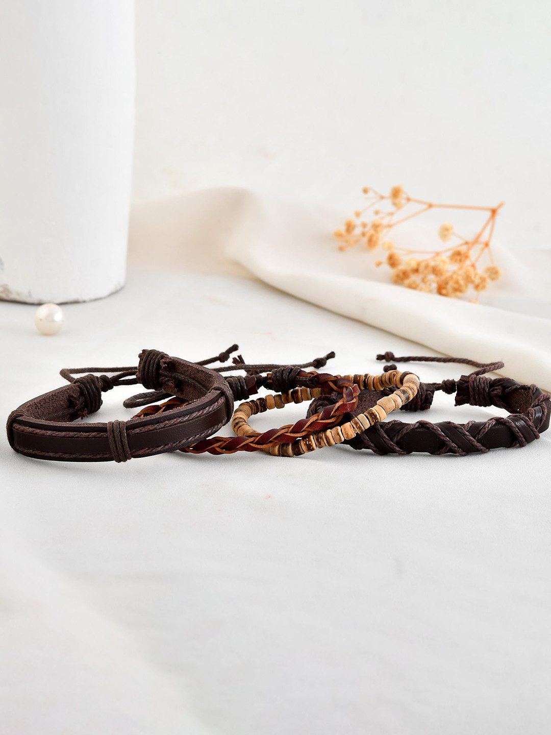 VOJ Men Set of 4 Copper-Plated Leather Wraparound Bracelets