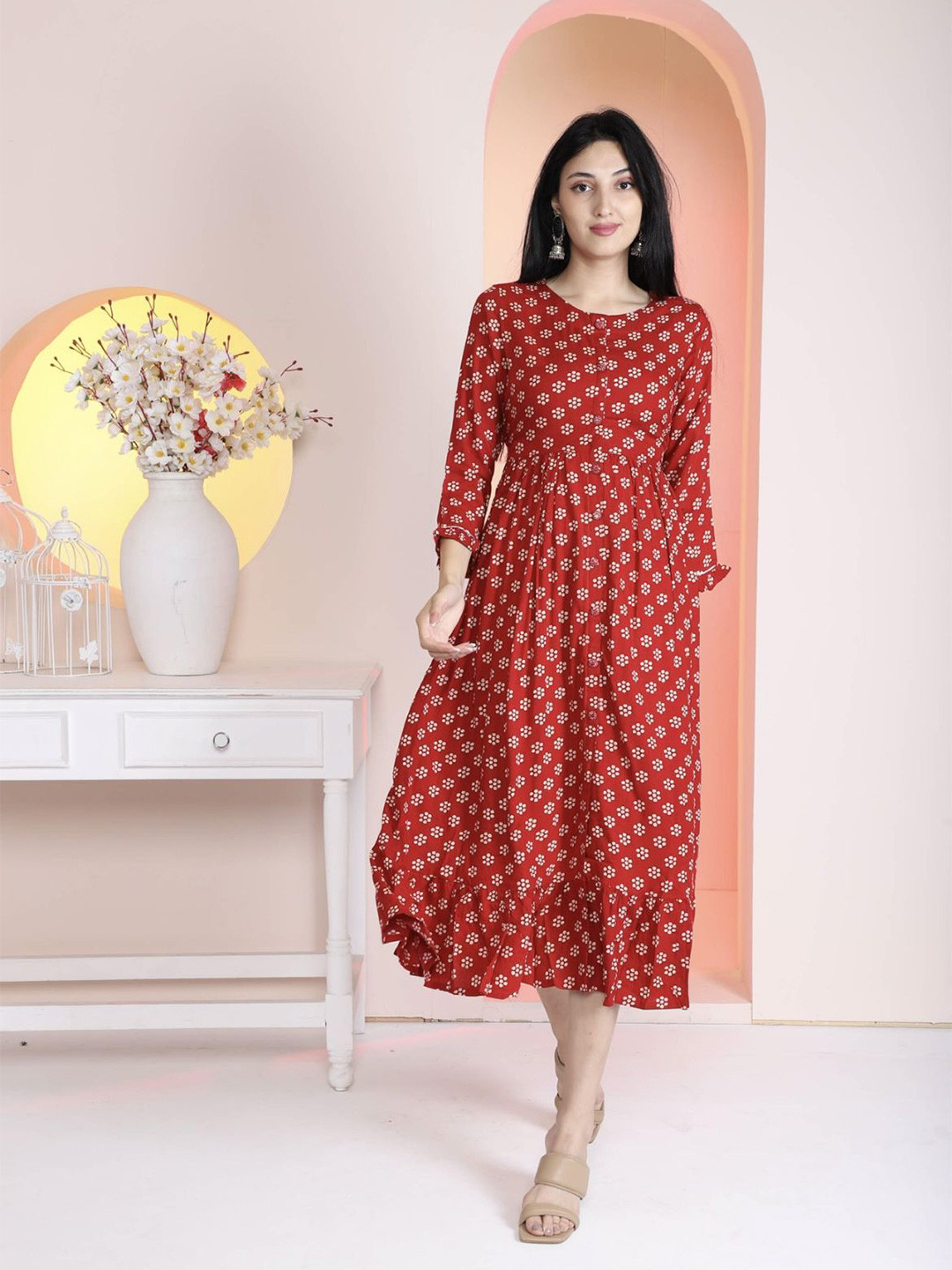 KRIDHAA FASHION BOUTIQUE Floral Printed Pure Cotton Fit and Flare Midi Dress