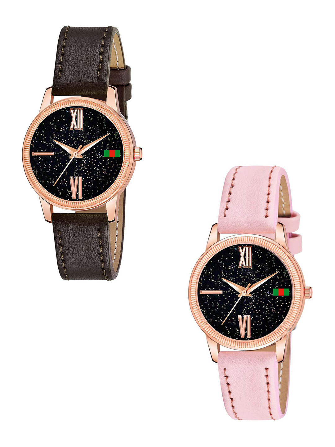 CSAMON Women Pack of 2 Embellished Straps Analogue Watch C25RG Roman BRO PINK L