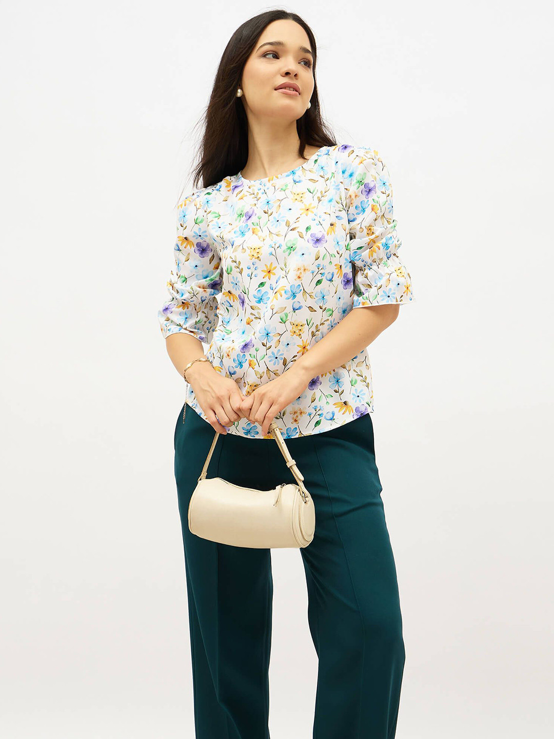 SALT ATTIRE Abton Women Floral Printed Boat Neck Puff Sleeve Top