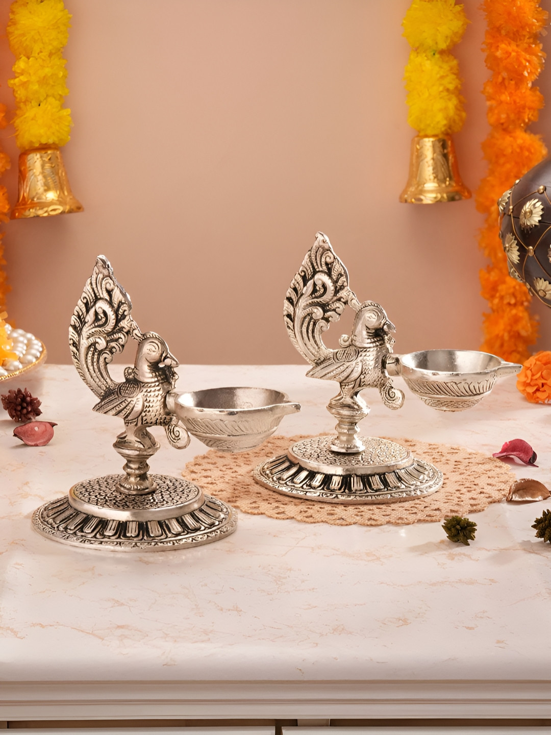 Homspurts 2-Pcs Silver Antique German Peacock Glow Diyas