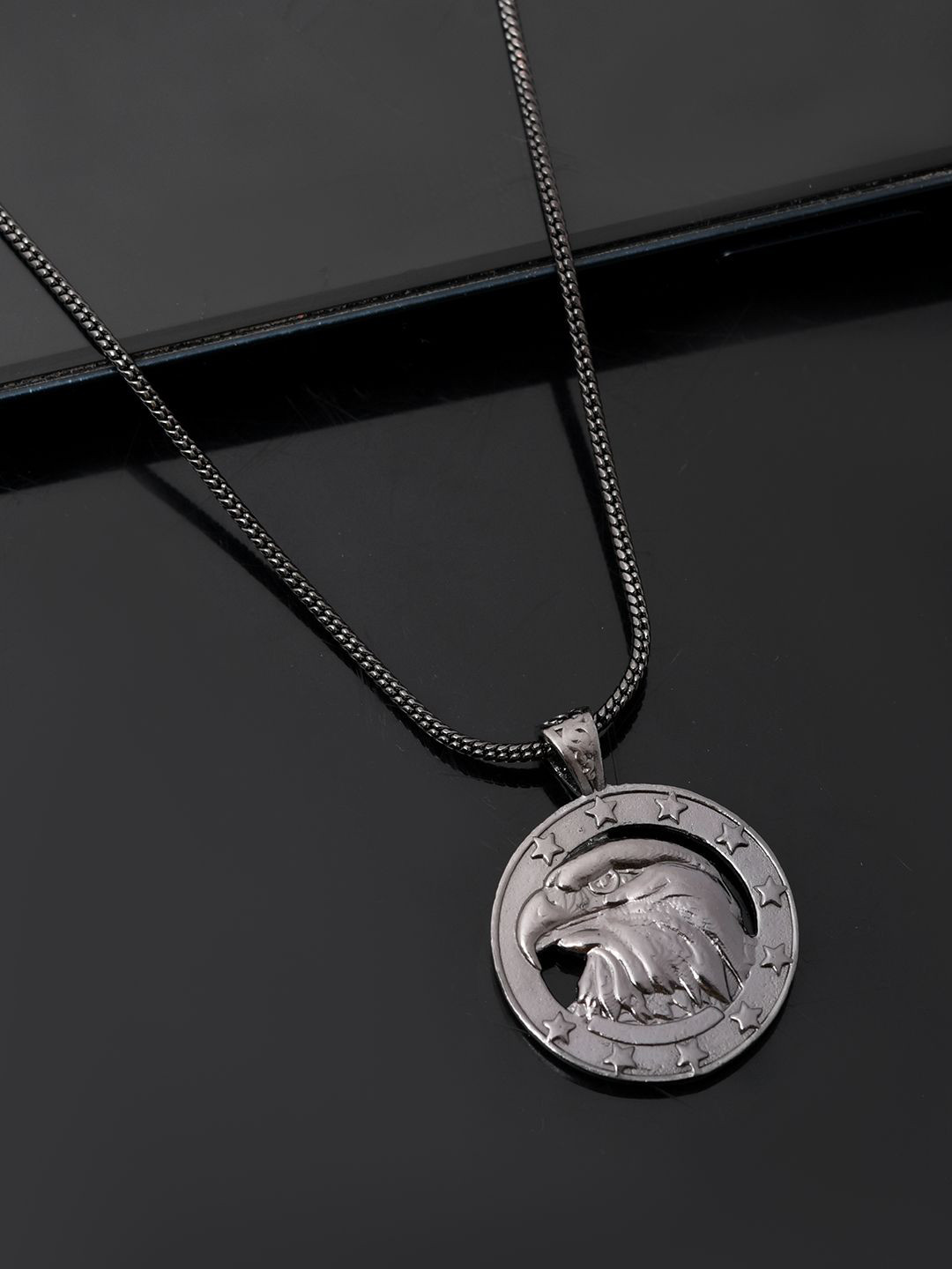 Voylla Men Rhodium-Plated Eclipse Hawk Egale Circular Oxidised Pendant with Chain