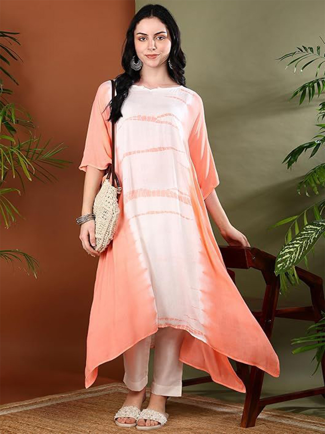 PinkTribe Tie & Dyed Notch Neck Flared Sleeves Kaftan Kurta