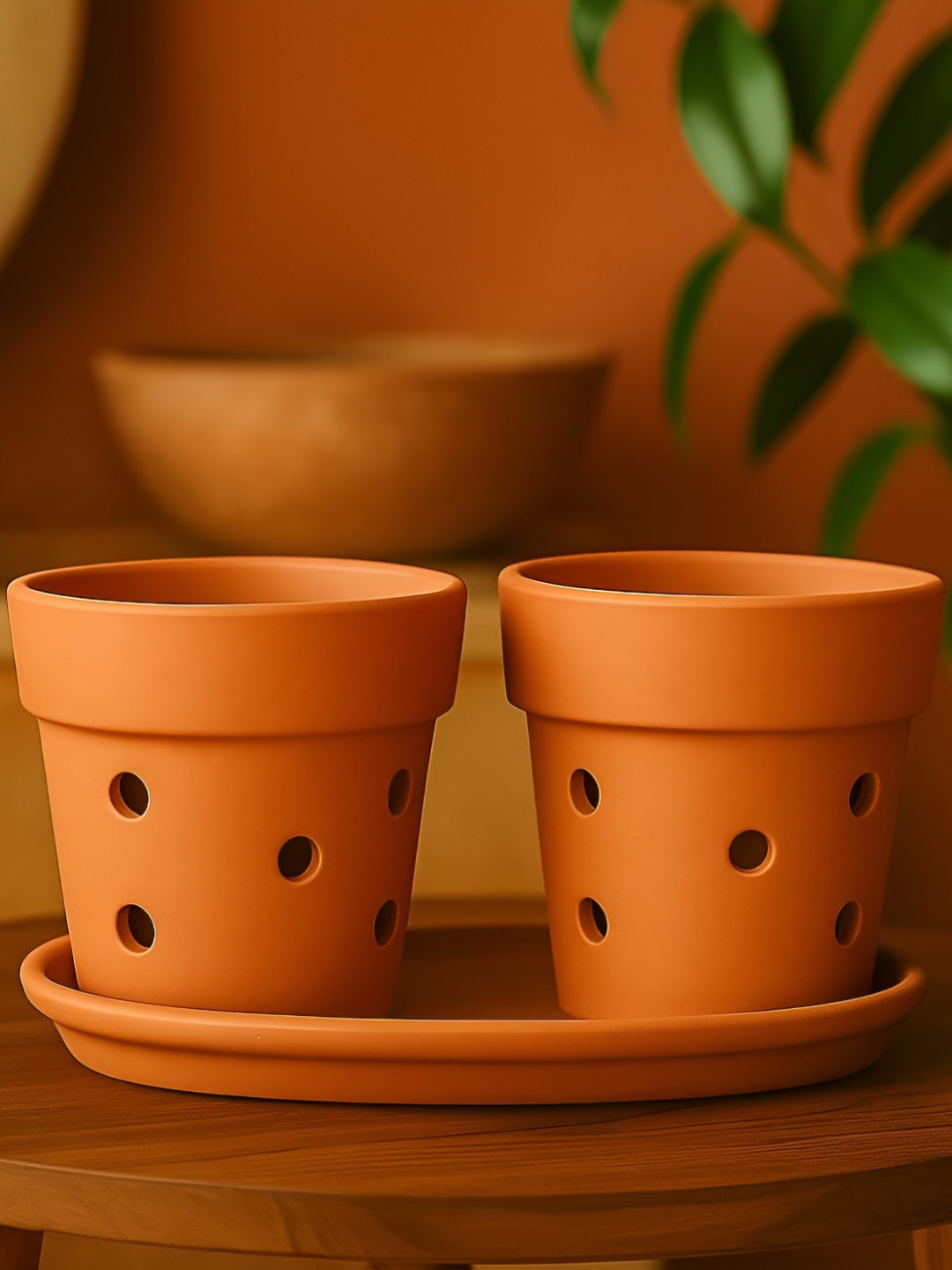The handicraftian Gamala Orchid 2 Pieces Orange Terracotta Medium Planters