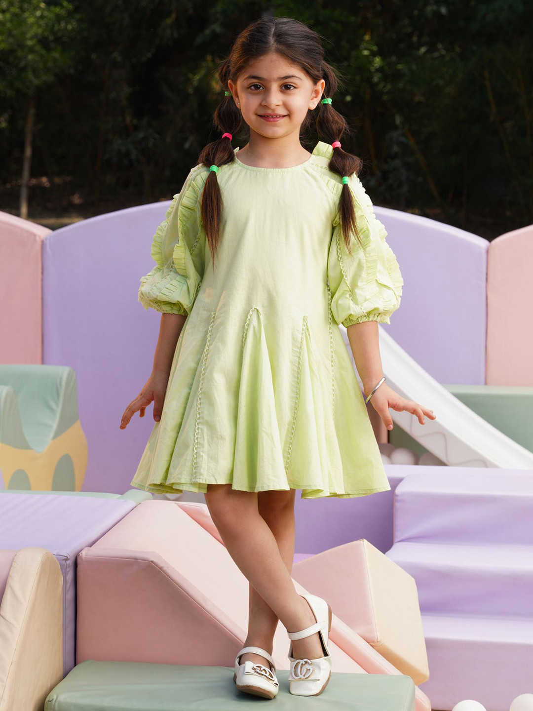 Cutie Patuti Girls Puff Sleeves Ruffles A-Line Dress