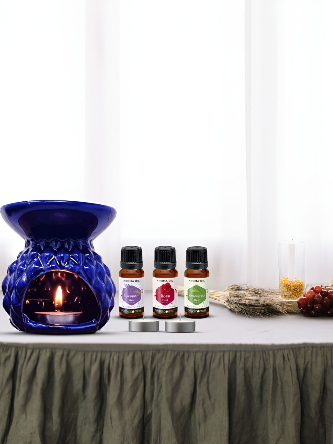 PEEPALCOMM 3Pc Blue Texture Ceramic T-Light Burner Diffuser With Scented Aroma Oils -15 ml