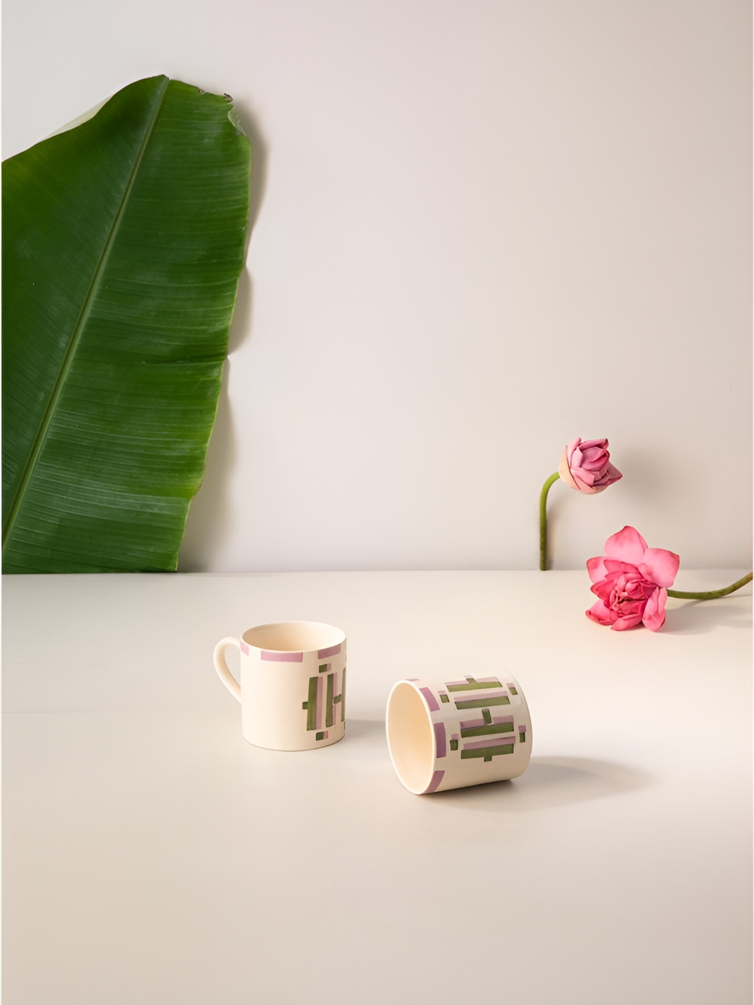 FREEDOM TREE Gyamati Mauve & Green 2 Pieces Geometric Printed Ceramic Matte Mugs 200 ml