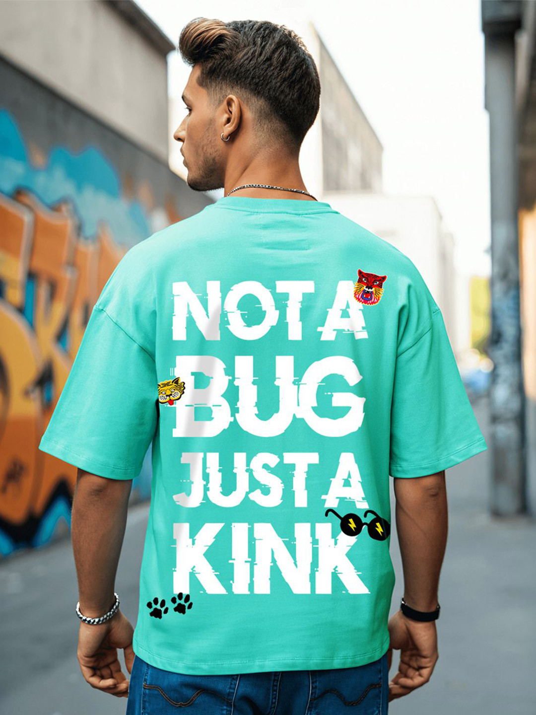 Bewakoof Men's Pool Blue Glitched Graphic Printed Oversized T-shirt