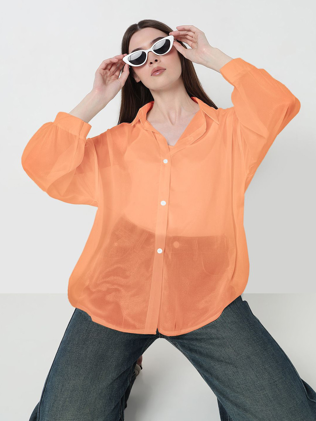SHOWOFF Spread Collar Casual Chiffon Shirt