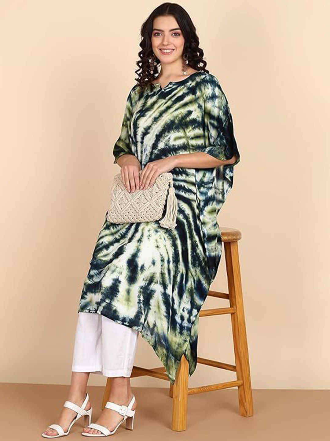 PinkTribe Tie & Dyed Notch Neck Flared Sleeves Kaftan Kurta