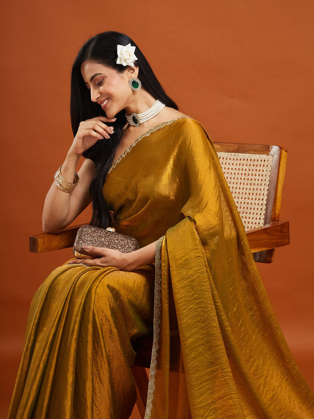 LOROFY Beads and Stones Embroidery Border Tissue Saree