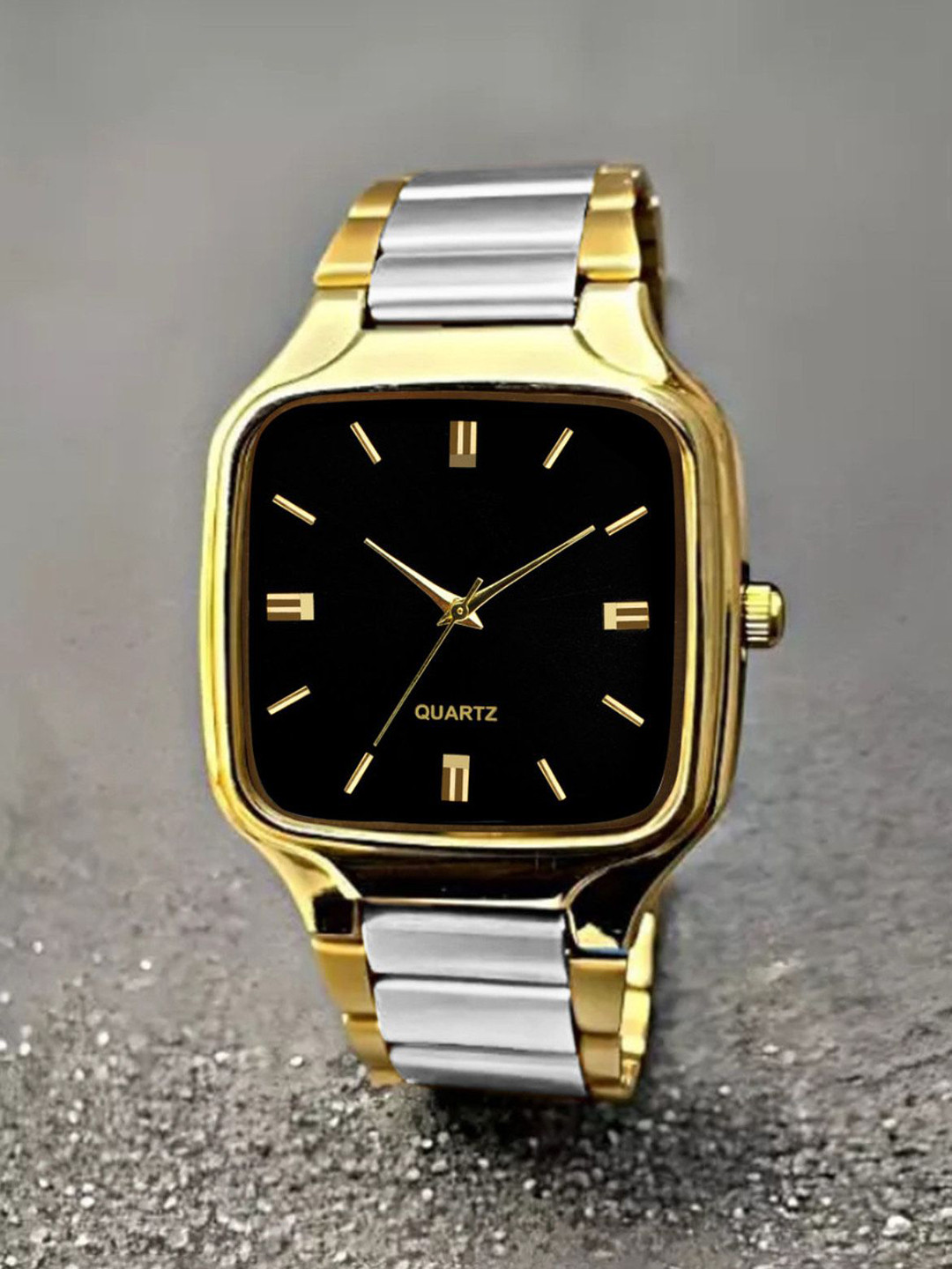 JUST LIKE Men Bracelet Style Straps Analogue Watch Silver Gold & Black Dial 102 squre redu